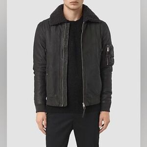 Men's Olin leather aviator Bomber Distressed All Saints Luxury Shearling Collar